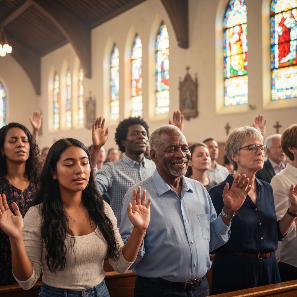 Church worship service with diverse congregation